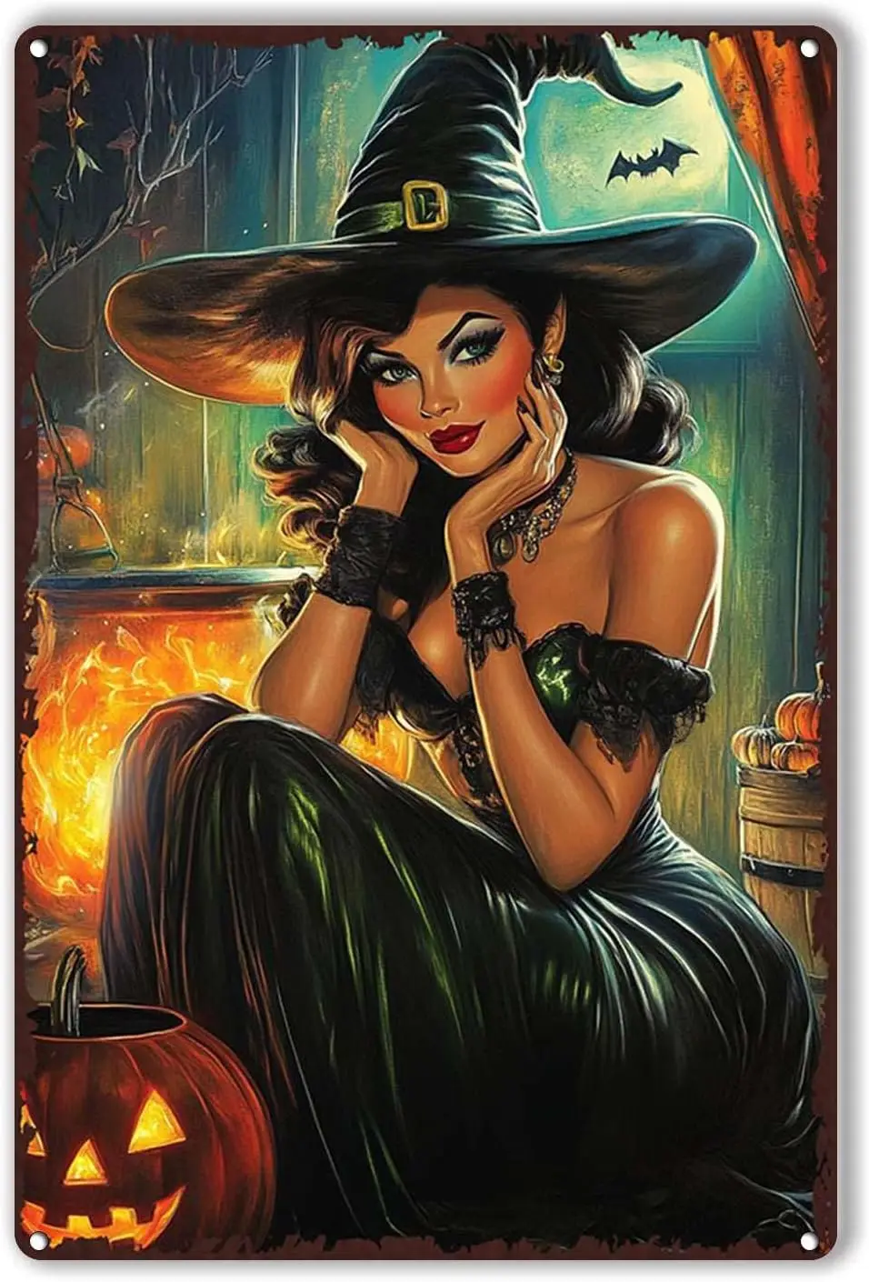 Retro Style Metal Tin Sign Happy Halloween 1950s Halloween Witch Bar Decorations Art Poster 8.00