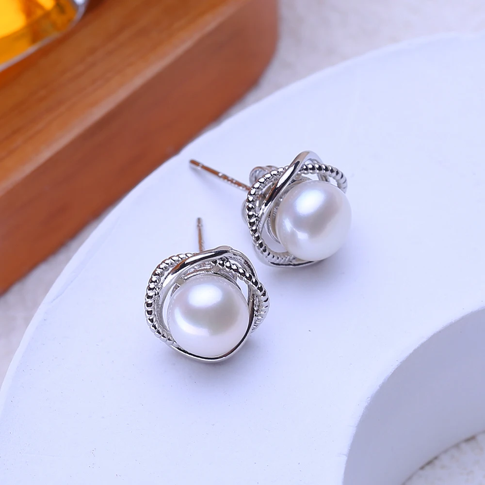 FENASY 925 Sterling Silver Natural Freshwater Pearl Earrings Women Fashion Style Geometric Small Cute Stud Earrings