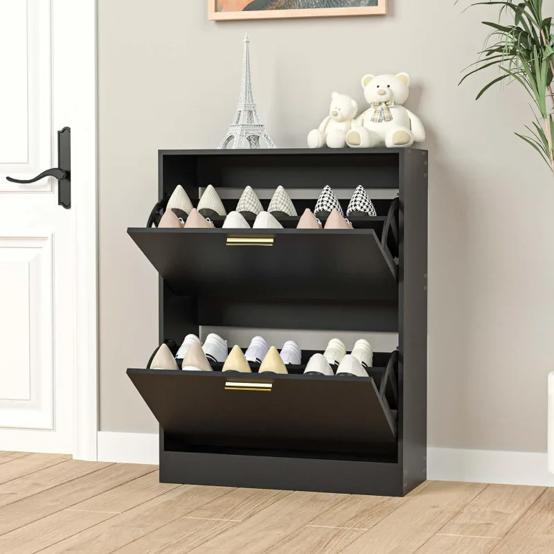 Shoe Cabinet with 2 Flip Drawers, Narrow Hidden Shoe Storage Cabinet for Entryway Slim, Black Shoe Cabinet Freestanding