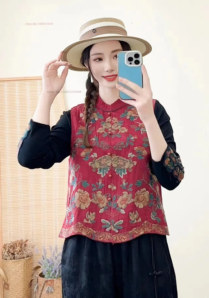 2024 chinese vintage hanfu tops traditional stand collar vest national flower embroidery ethnic vest oriental sleeveless jacket