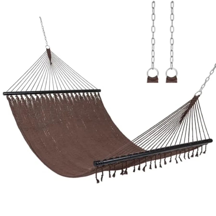 Outdoor 2-person Caribbean double hammock with curved spreader bars, soft-spun polyester rope, blue color, 600 lbs max load, po