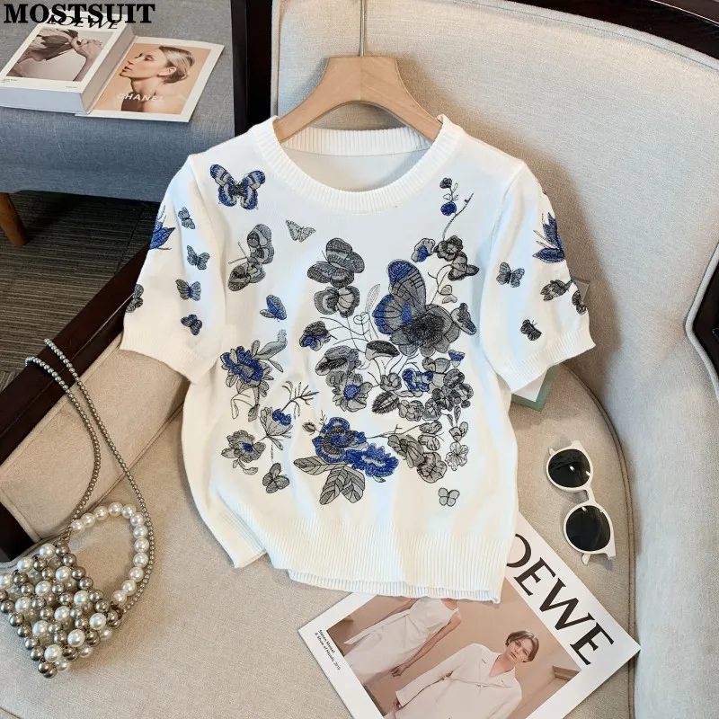 

Summer Vintage Sweater Women Knit T-shirt Tops Butterfly Embroidery Elegant Stylish Chic Tees Pullover Short Sleeve Jumpers 2024