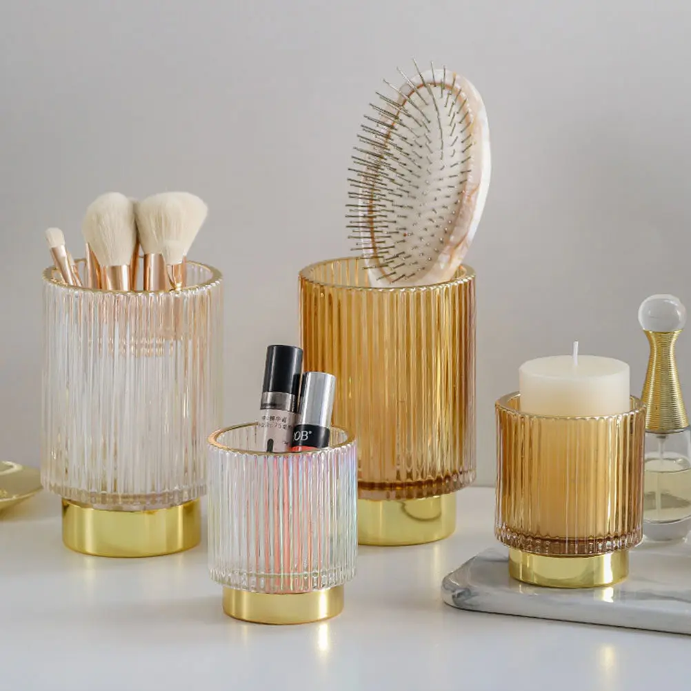 Thick Glass Makeup Brush Holder Organizer Stylish Striped Design for Daily Brushes Eyeliner Pencils Pens Desktop