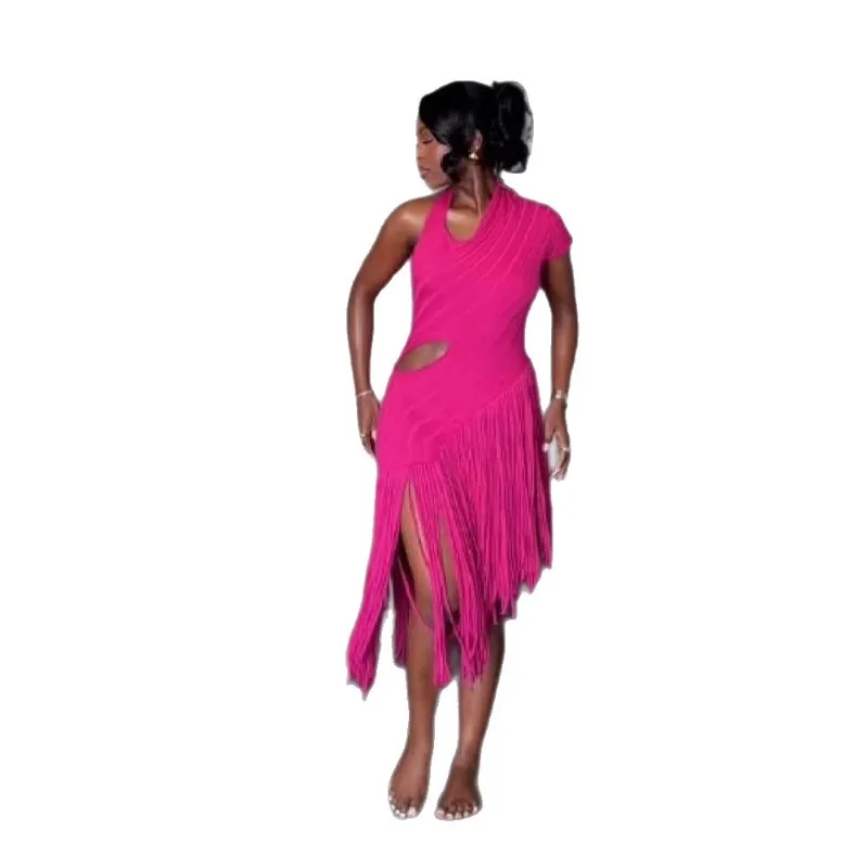 New Women's Clothing  Summer Cross-border Design Splicing Slanted Shoulder Hollow Solid Color Sexy Knitted Short-sleeved Dress