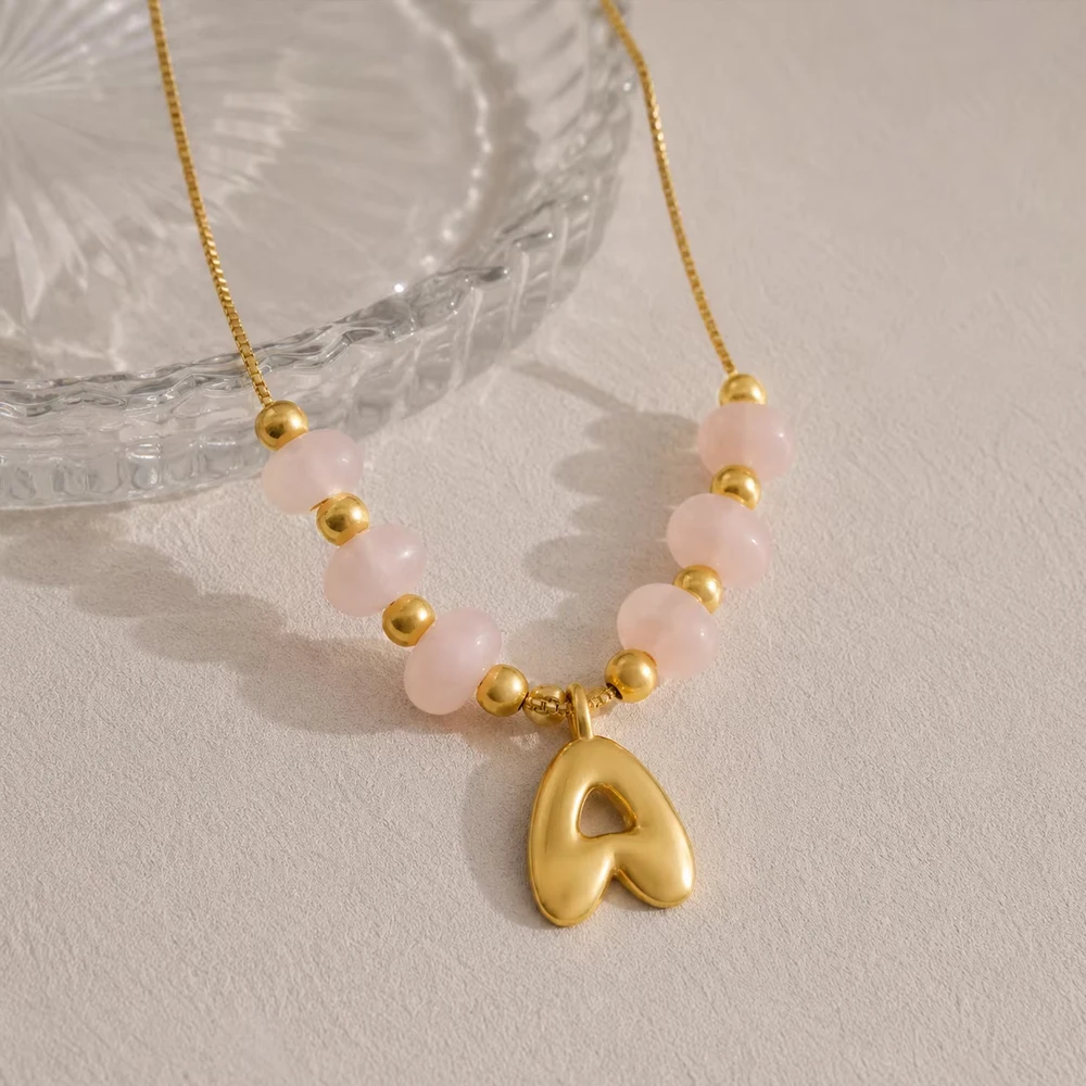 

Pink Natural Stone Beads Initial Letter Choker Necklace for Women Stainless Steel Letter A Pendant Charm Jewelry Waterproof Gift