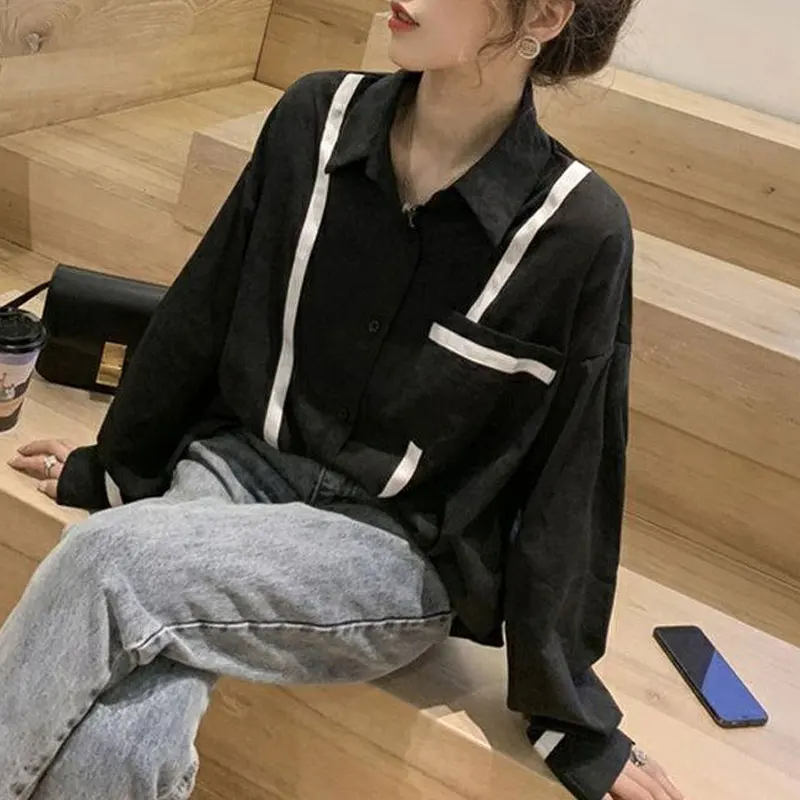 Female Clothing Korean Solid Color Shirt Bright Line Decoration Casual Pockets Spliced Spring Long Sleeve Single-breasted Blouse