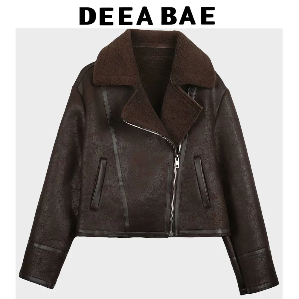 DEEABAE Women's Winter Coats Double-sided Lapel Long Sleeved Loose Zipper Short Jacket Thick Outerwears