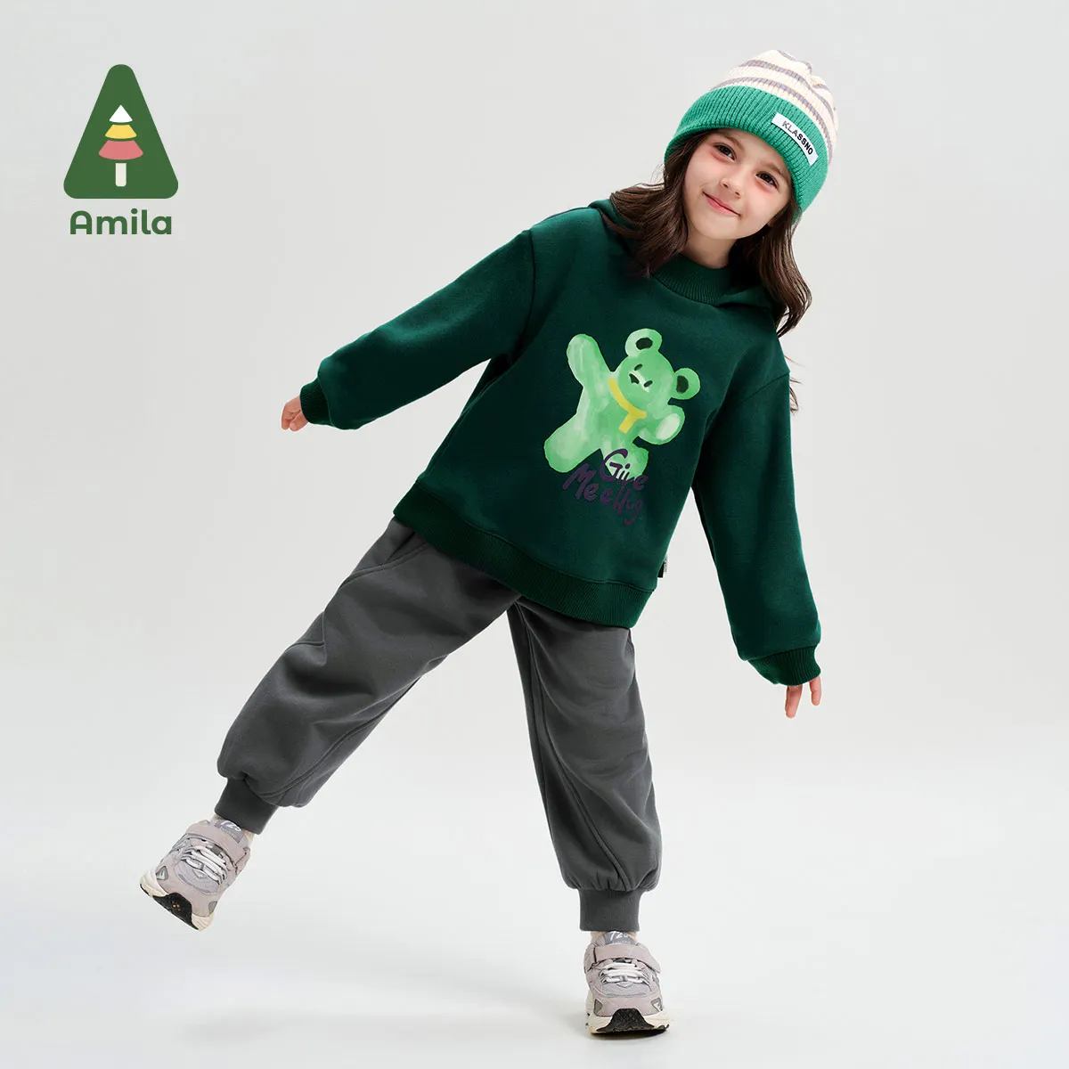 Amila Baby Trousers 2024 Winter New High Quality Girls Solid Color Polar Fleece Warm And Skin-Friendly Casual Children‘s Pants