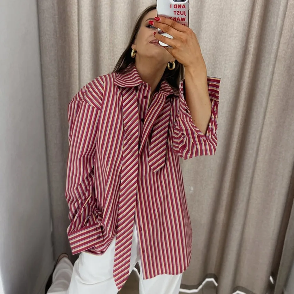 Fashion Chic Striped Loose Blouse Women 2026 Lapel Long Sleeve Single Breasted Ribbon Shirts Streetwear Female Casual Clothes view 2