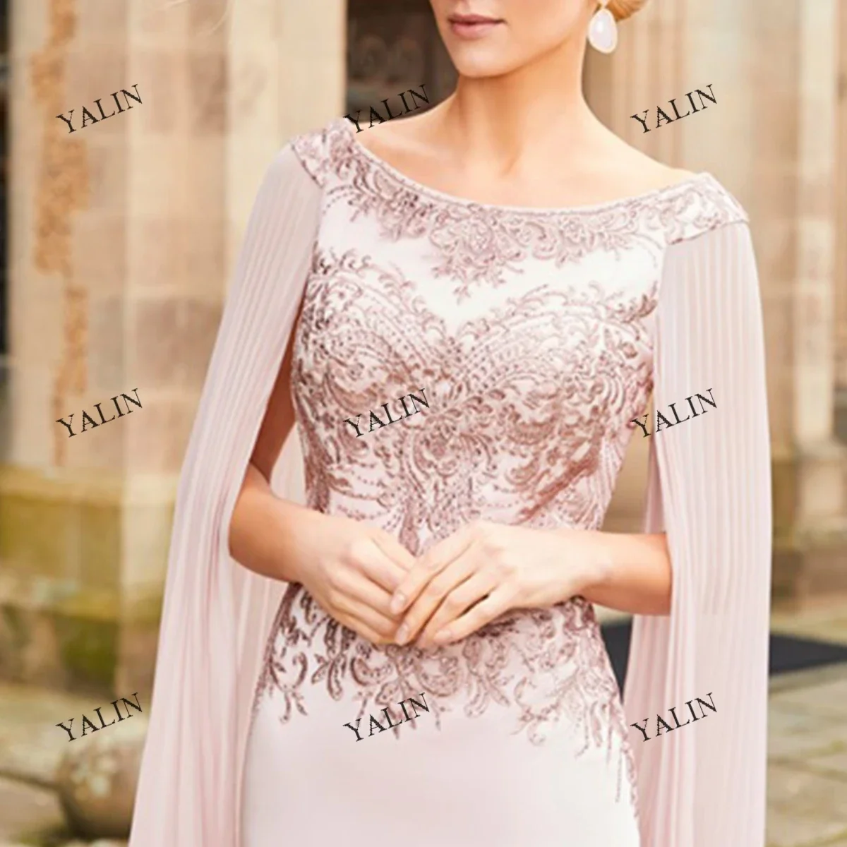 Customized Romantic Lace Appliques Wedding Guest Gowns Midi Cap Sleeve Sheath Mother Of The Bride Dress Pink Jersey Party Dresse