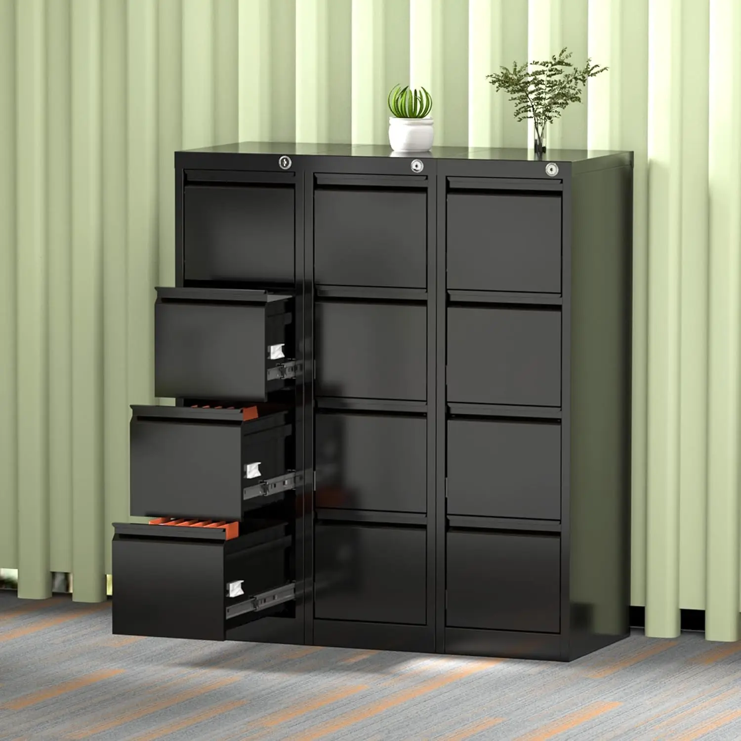 4 Drawer Filing Cabinet, Metal Vertical File Cabinet 4 Drawers with Lock, Locking Black File Cabinets for Home Office A4 Letter