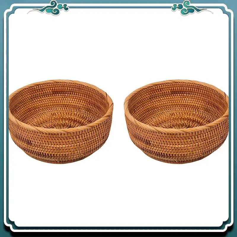 

A67K-круглая корзина с фруктами из натурального ротанга, плетеная настольная поднос для сервировки хлеба, плетеные миски для хранения еды (большие, 2 шт.)