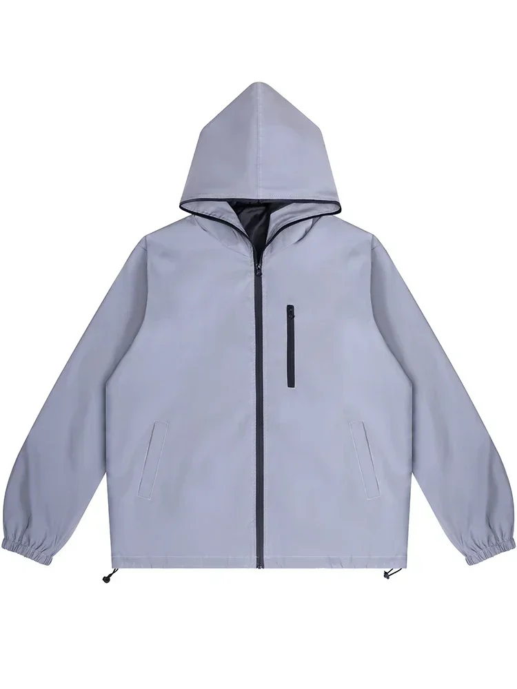 سترات رجالية بغطاء للرأس عاكسة للضوء، معاطف خارجية مقاومة للرياح، تصميم بسحاب، ملابس ركض آمنة لامعة #5