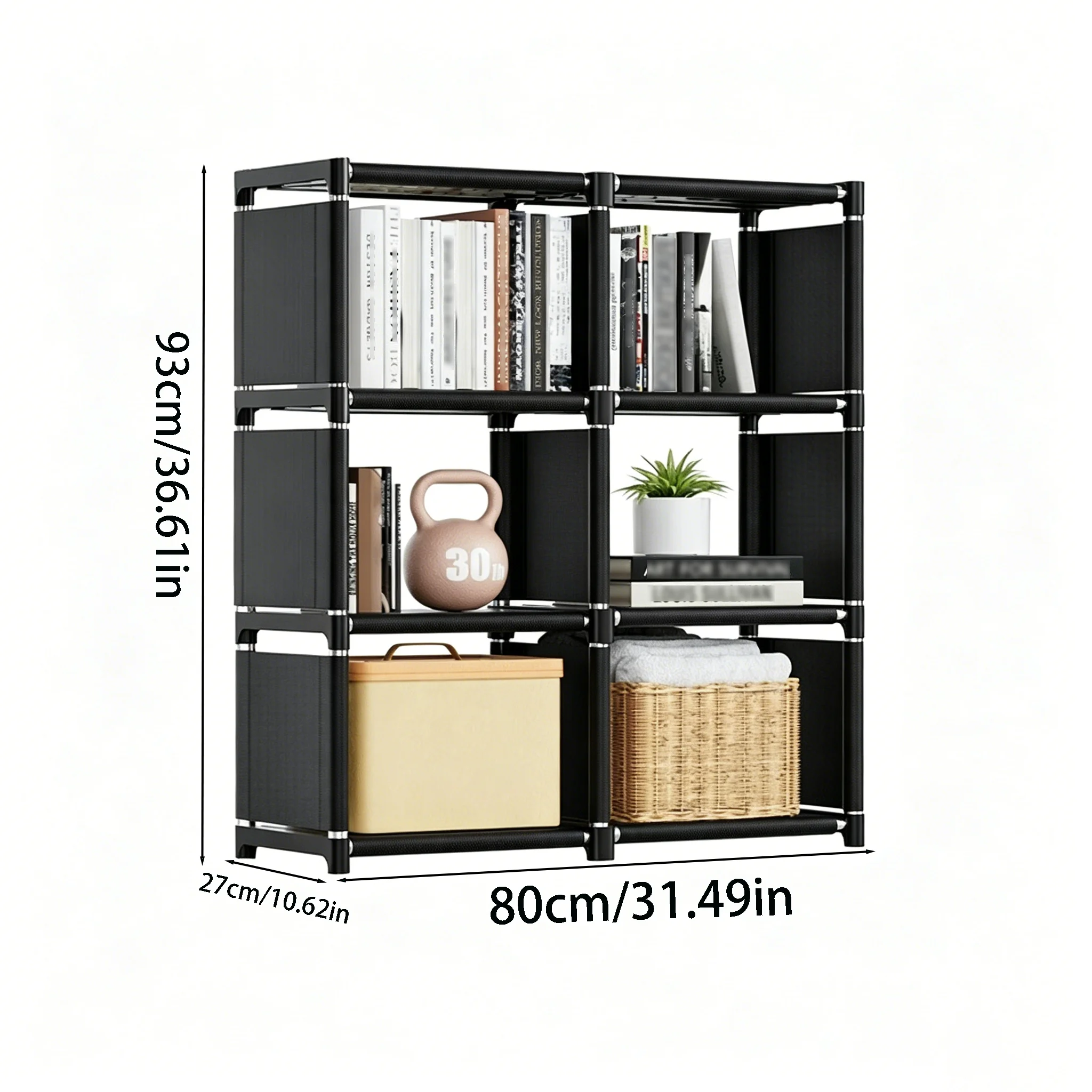 6-Compartment/8-Compartment Double-Row Bookshelf with Metal Frame, Modular Assembly Storage Rack for Home, Student Bookshelf, Office Study Bookcase, Rental Room Dormitory Storage Rack, Bedside Bedroom Floor-Standing Storage Shelf