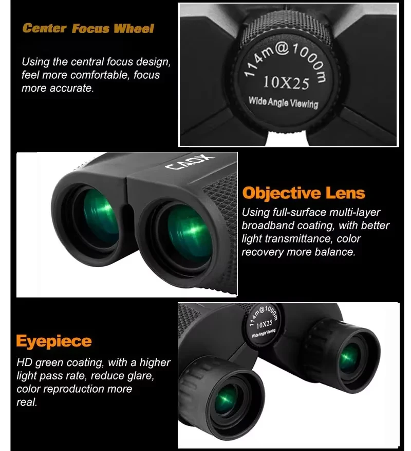 CAOX Fernglas 10X25 Langstrecken-Taschenfernrohr HD Teleskop Faltbares Kompaktes Bak4 Prisma Fernglas Optisches Zielfernrohr FMC-Linse für die Jagd – Detail 13