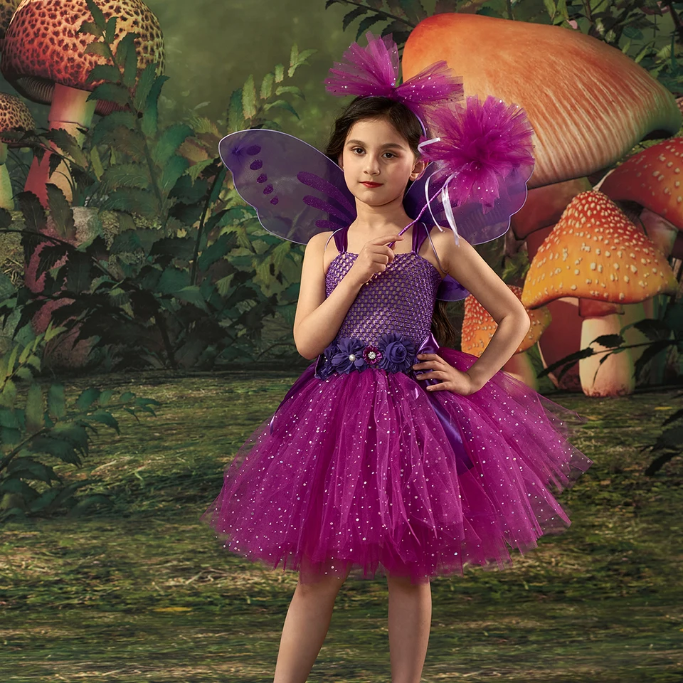 Girl Purple Butterfly Fairy Tutu Dress Sparkly Kids Flower Princess Dresses  with Wings Wand for Halloween Birthday Party Costume - AliExpress 1501