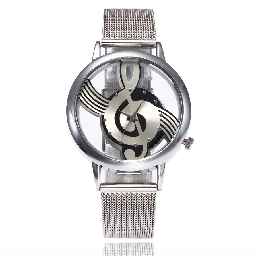 2023New Brand Fashion Hollow Music Note Notation Watch Stainless Steel Quartz Wrist Watch For Men Women Silver Mesh Watches