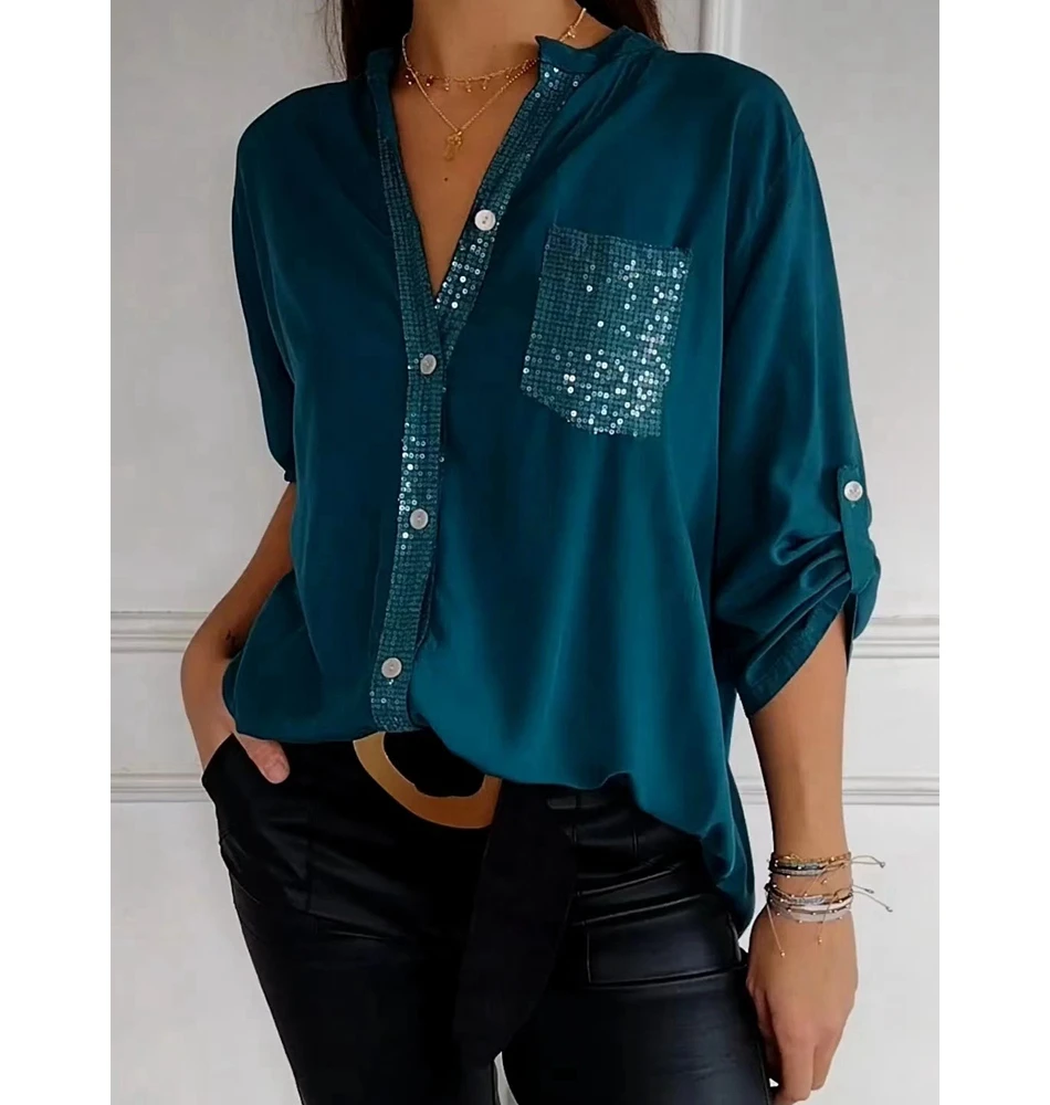 

Fashion V Neck Contrast Sequins Pocket Long Sleeve Roll Up Blouse Femme Asymmetric Casual Top