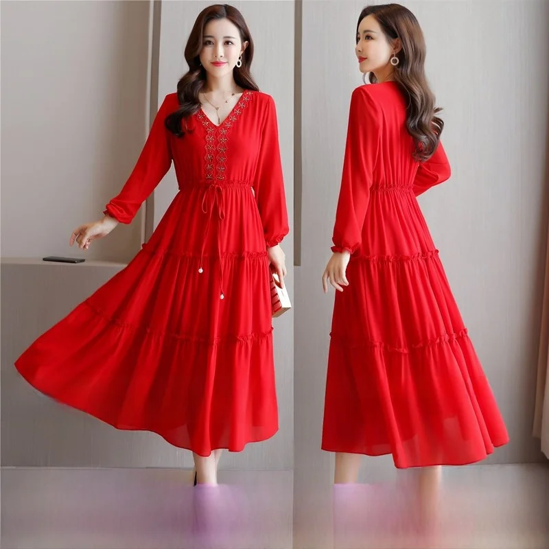 Vestido Rojo de Talla Grande para Mujeres de Talla Grande (200-300 Libras), Vestido de Boda, Vestido de Comunión, Falda Línea A, Manga Larga, Cuello en V