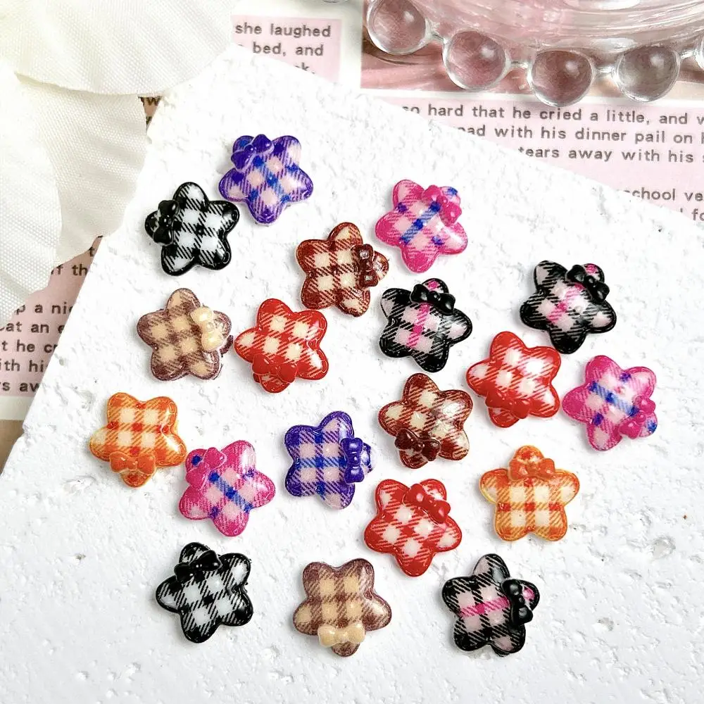 Kawaii Mini Tie Star Nail Charms 3D Luminous Checkered Pentagram Resin Nail Art Decorations for DIY Hair Clip Nails Accessories