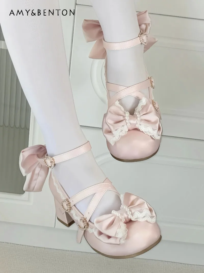 

Original Lolita Bow Lace Pearl Cute Ballet Style Satin Mary Jane Shoes Women Sweet Girl Round Head Thick Heel Platform Shoes