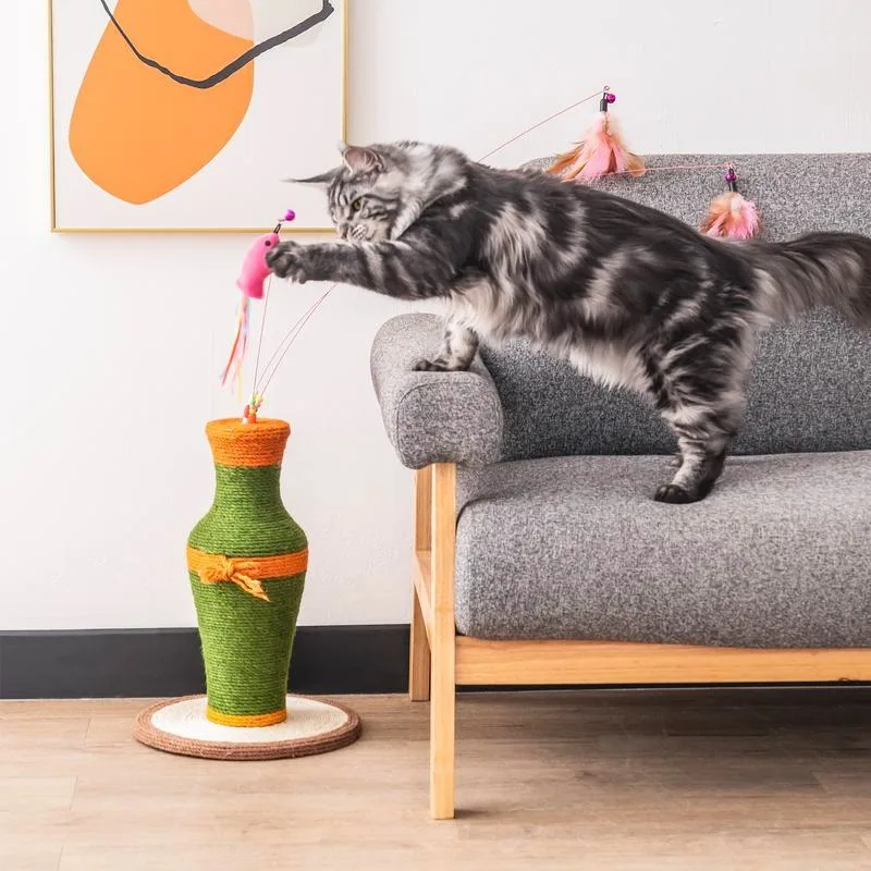 

Vintage Vase-shaped Cat Scratching Post with 3 Feather Toys