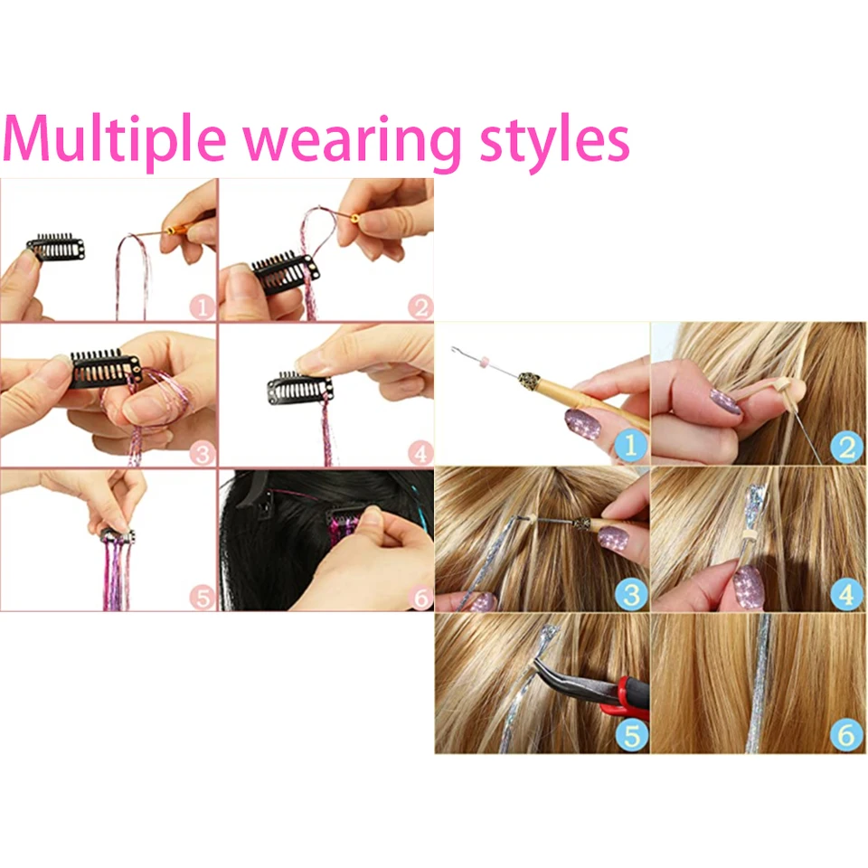 Extensiones de cabello sintético con brillo de 93/120 cm, mechones arcoíris con tinsel, para niñas, decoración para el cabello 5