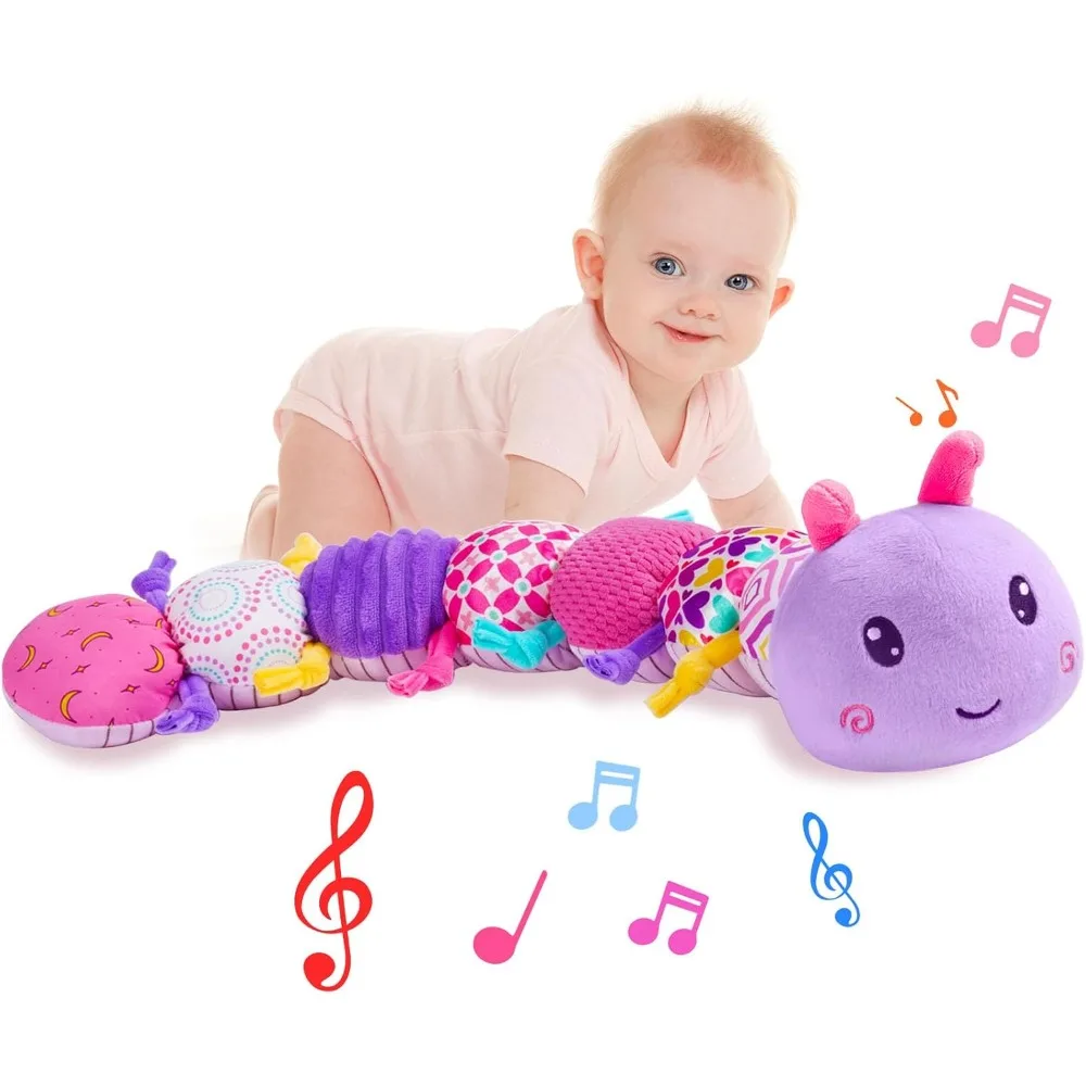 Juguete suave de peluche musical para bebé, arrugado multisensorial, sonajero y texturas, juguete para regalo de cumpleaños para bebé, oruga, púrpura