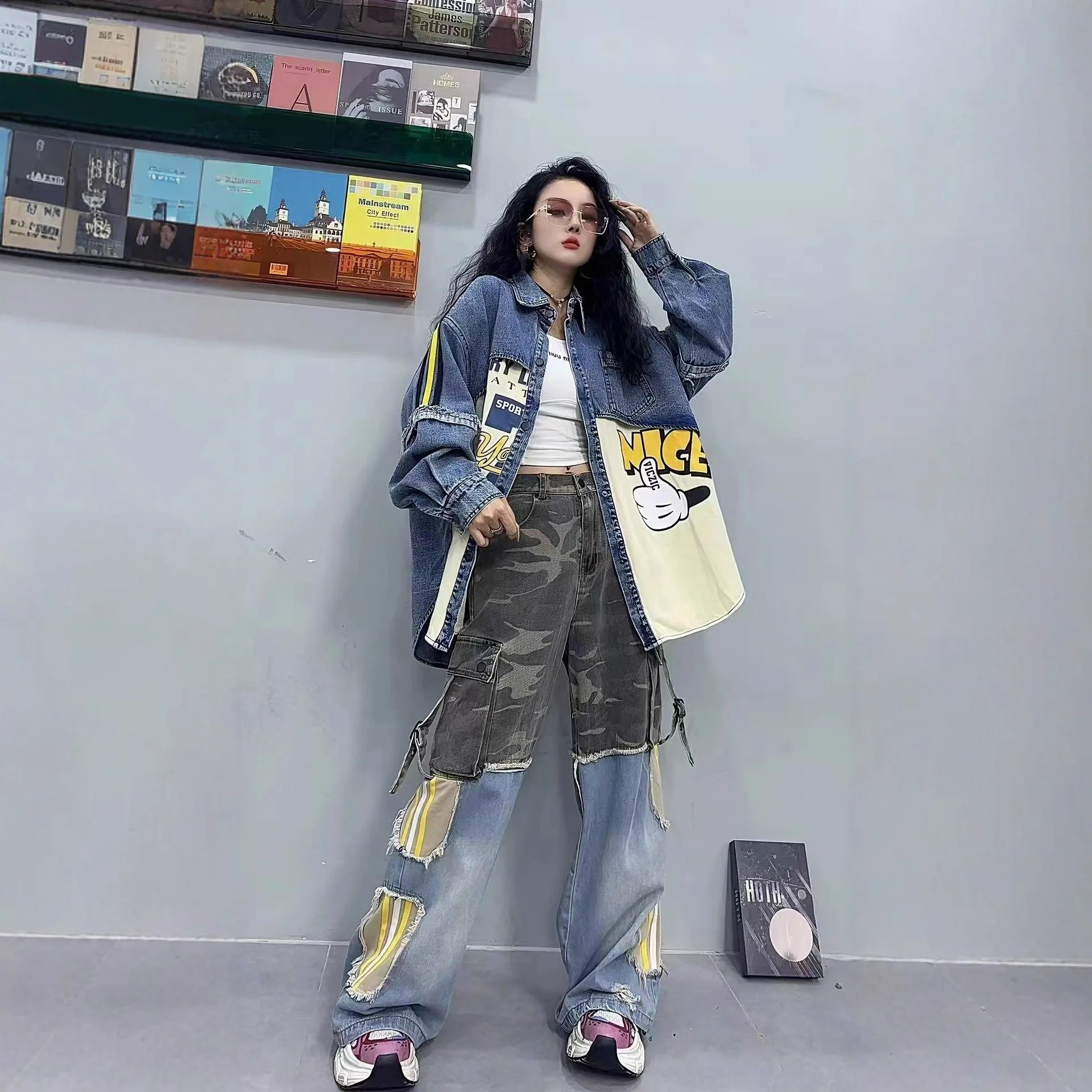 2025 Autumn New Heavy Craft Cartoon Pattern Letter Print Loose Top Female Trendy Denim Shirt Denim Jacket Women Clothing