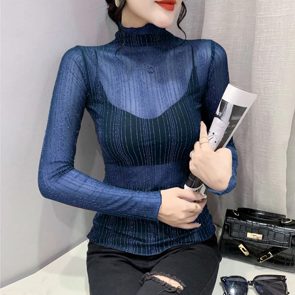 Y2K Shiny Lace T-Shirts Women Long Sleeve Sheer Stretch Female Blouses See Through Transparent Mesh T Shirt Black Blue Girls Top