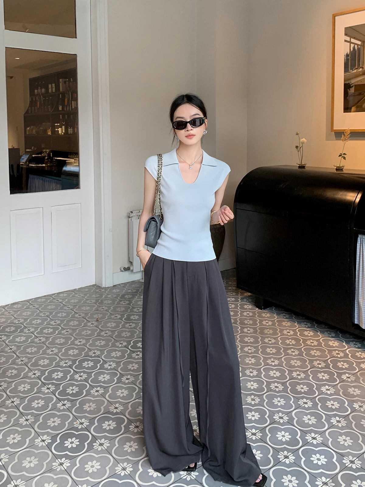 

Binguo ey Dstring Wide Leg Pants Women's Loose Casual Straight Leg Trousers Spring Autumn Sle High Waist Polyester Fiber