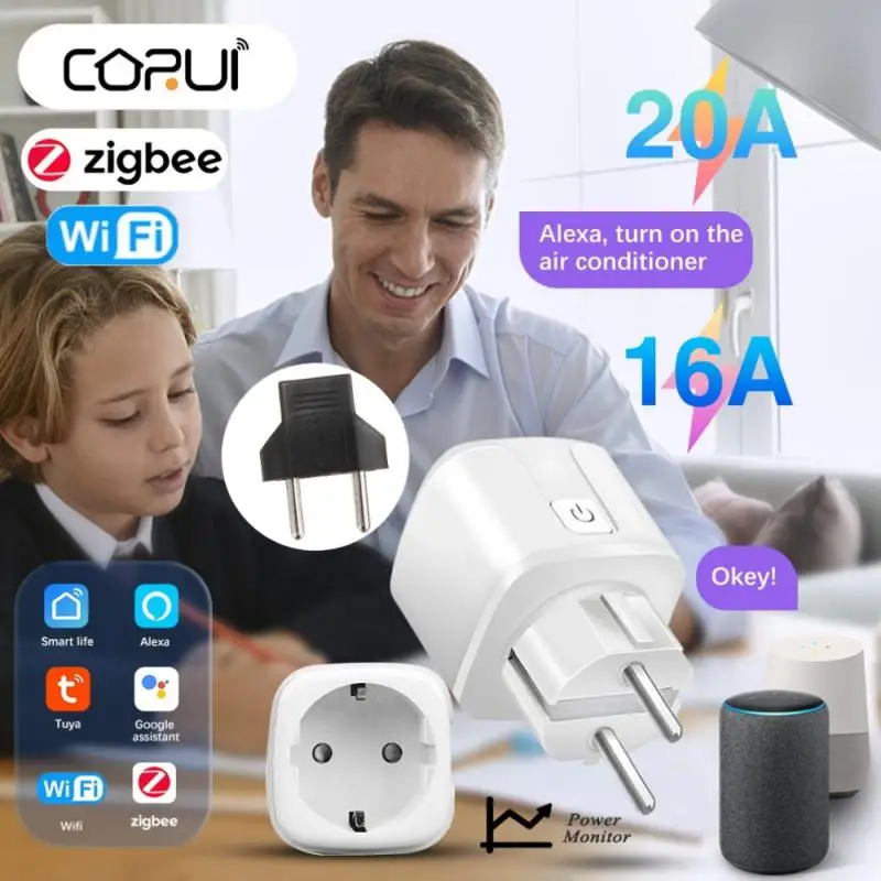 CORUI Tuya WiFi ZigBee Smart Socket EU Wireless Plug 16A 20A Timer With Power Monitor Adapter Alexa Google Home Voice Control