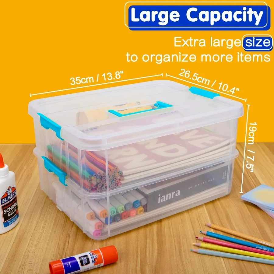 2 Layer Plastic Storage Containers with Lids Multipurpose Clear Stack Carry Box Portable Craft Organizers and Storage Bin for O