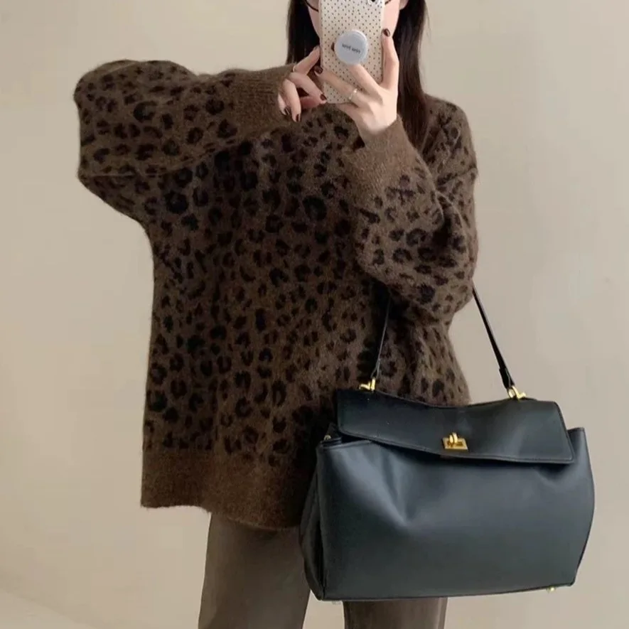 

Women's leopard print pullover sweater women's spring new Oversized Crew Neck Sweatshirt Long Sleeve knit Tops sueter mujer