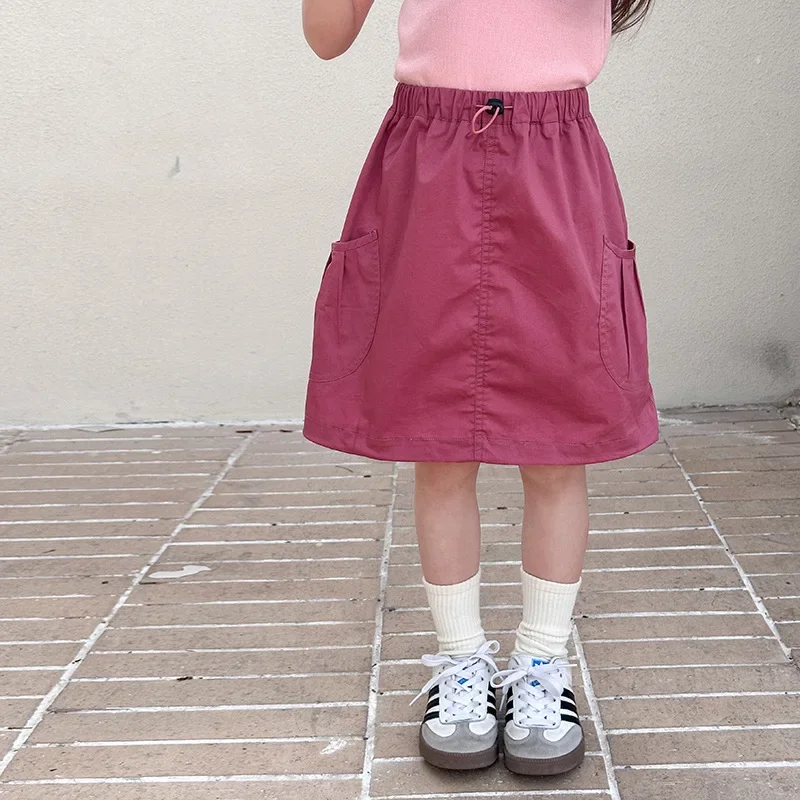 

Children Clothing Girls Solid Color Skirt 2024 Summer New Fashionable Korean Style Casual Pocket Korean Style Girls Skirt