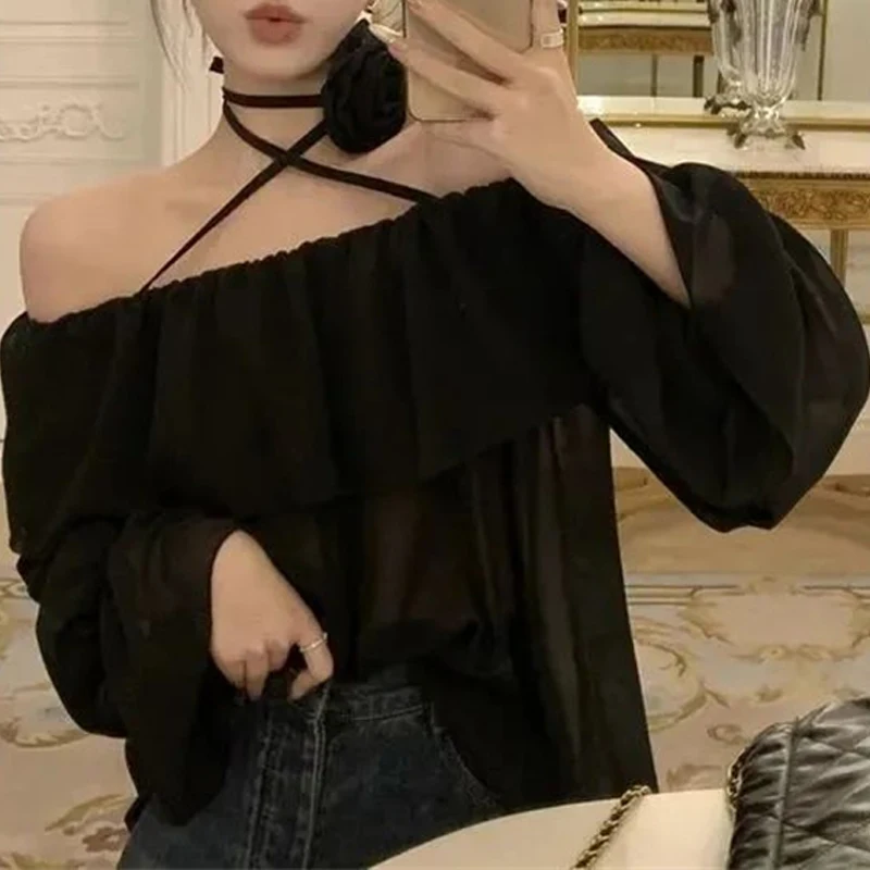 Women Sexy Off Shoulder 3D Flower Lace Up Ruffles Blouses Korean Fashion Sweet Chic Chiffon Shirts Long Sleeve Loose Fairy Tops