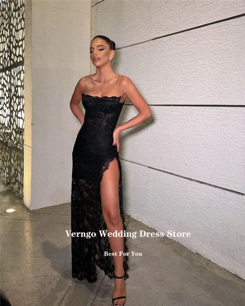 Verngo Black Strapless Kant Avondjurken Split Arabisch Dubai Night Party Formal Prom Gowns Night Evenement Jurk aangepast