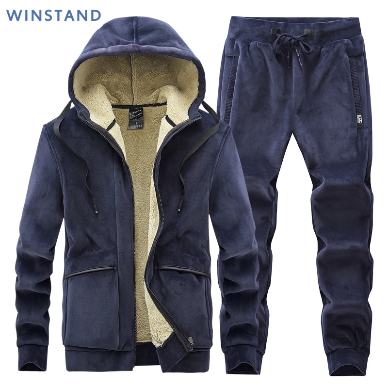 Cashmere Mens Fleece Warm Tracksuit Male Winter Warm Hooded Fashion Sets Mens Hoodies + Pants Sportswear Sets WinterThick Set