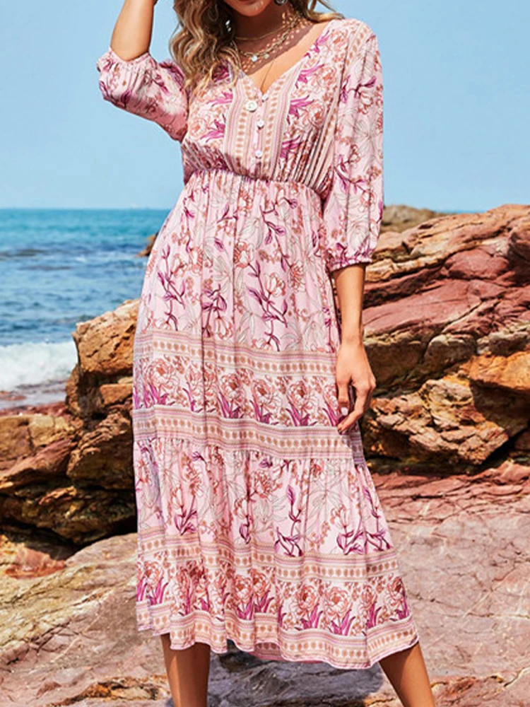 chinese dress ladies Long Dress Women Summer Boho Sexy Flowers Dress with V-Neck White / S