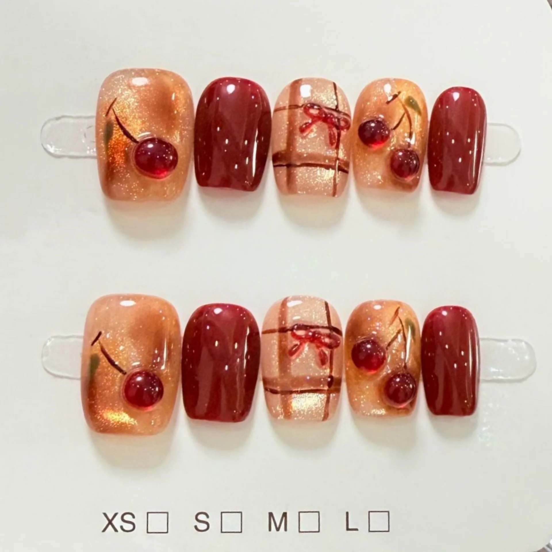 

10pcs Short Square Handmade Press on Nails Glitter Gradient Brown Cat's Eye False Nails Tip Cherry Bow Line Design Fake Nail Set