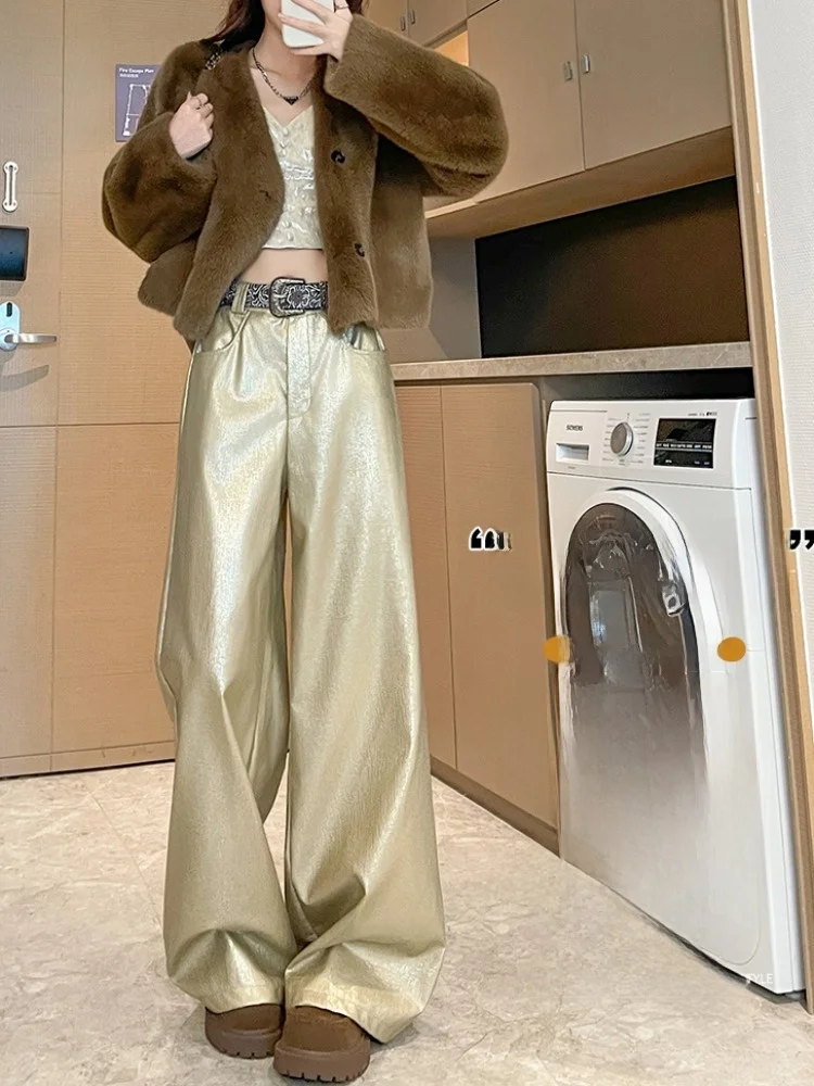 Calças Casuais de Couro PU de Cintura Alta e Drapeado para Mulheres, Cor Dourada, Calças Largas e Soltas para o Outono