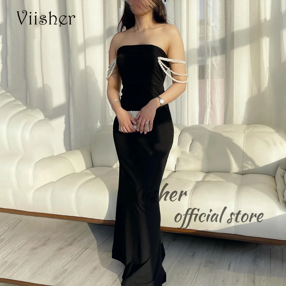 Viisher Zwarte Zeemeermin Avondjurken Parels Bandjes Spandex Satijn Strapless Prom Party Jurk Vloerlengte Formele Avondjurken