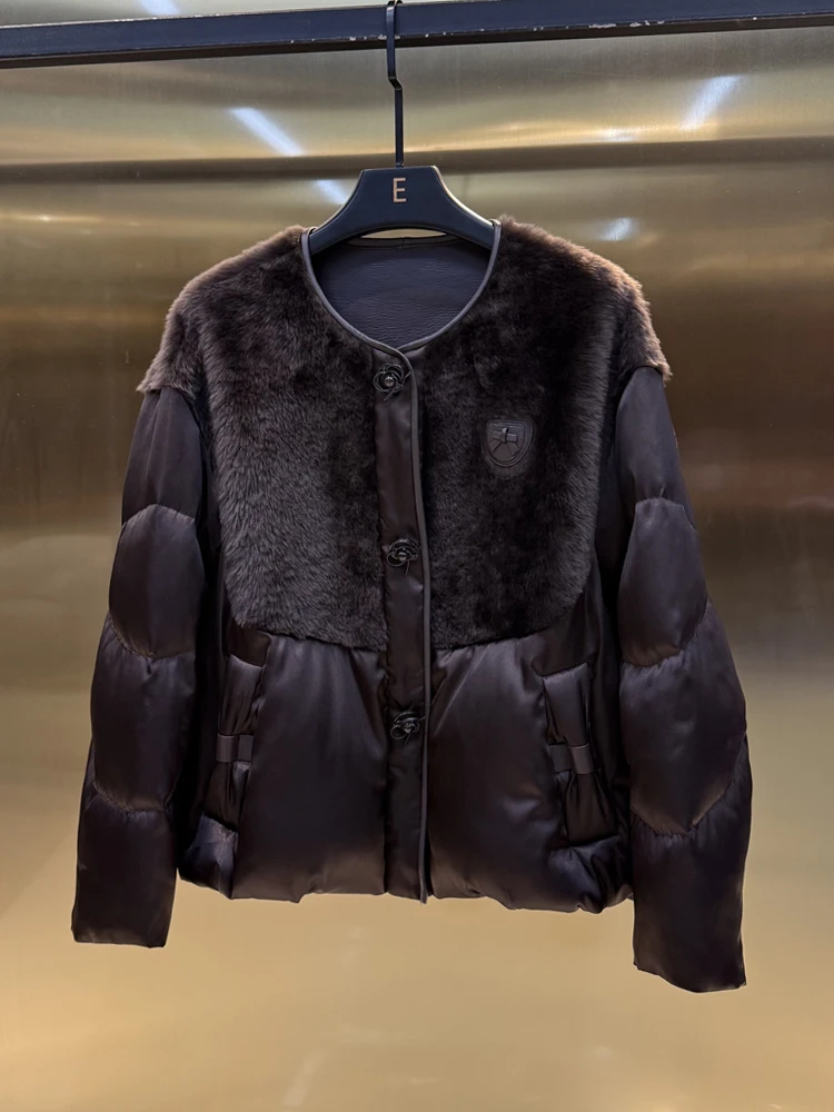

ort Goose down Jaet Women's Leather Fur Inteated 2025 Winter Faion Outerwear Casual Sle Long Sve round Ne