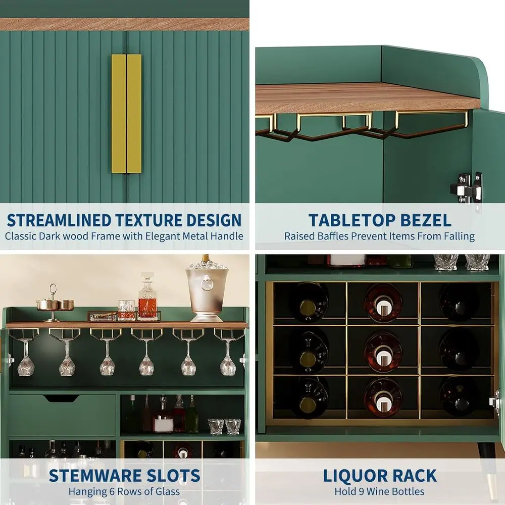 Green Small Sideboard: Wine Rack, Glass Holder, Storage for Dining or Living Room