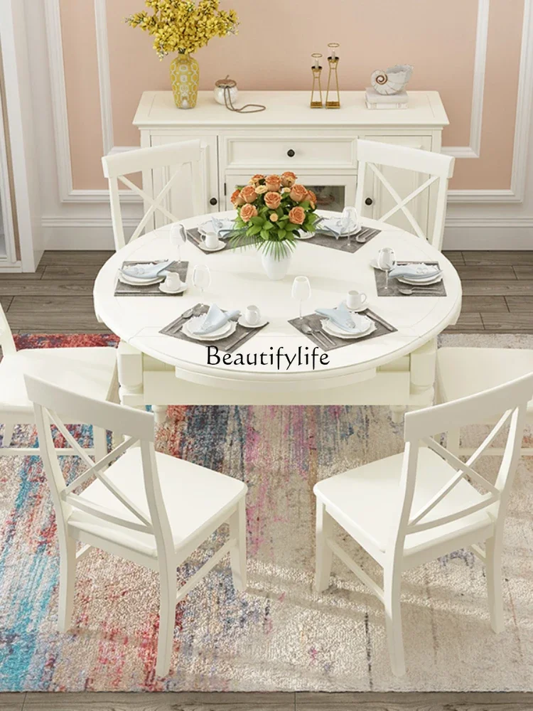LAmerican solid wood dining table white retractable folding modern simple home