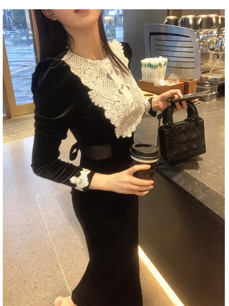 

Hebe Sle Velvet Bodycon Dr with Lace Splicing And Knot Waist Cinching Slimming High Waist Ci Commute Suitable
