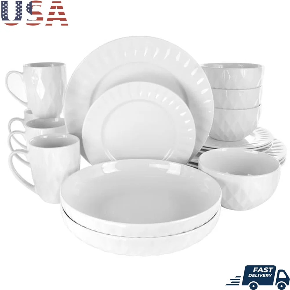 

18 Piece White Porcelain Dinnerware Set Elegant Diamond Texture Dishwasher Safe Easy Clean Fine Porcelain Dining Set