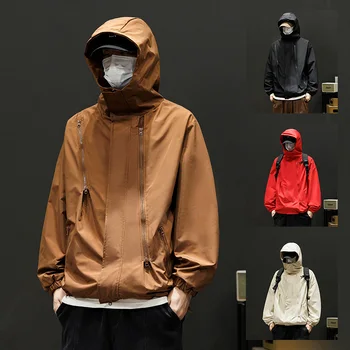 Japanese Windbreakers Men's Jacket Zipper Coat Cargo Waterproof Jackets Bomber Camping Loose Thin Softshell Hooded Hiking Jacket 5