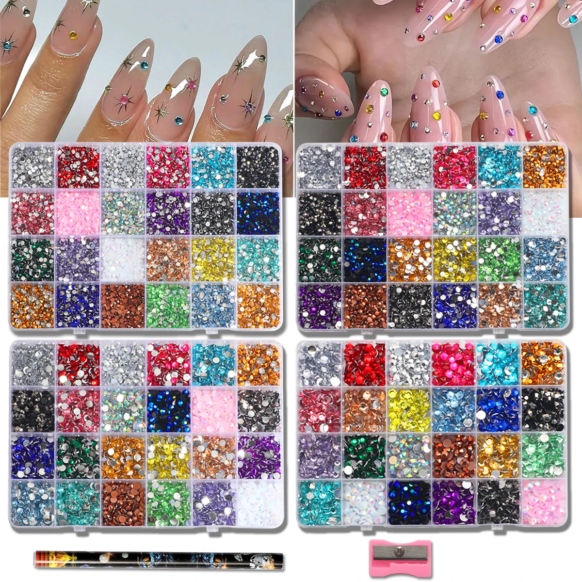 4 Boxes Resin Flat-Back Rhinestones Value Pack - 24 intervals Mixed Size (3-6mm) & Multi-Color Round Gems for DIY Nail Art, Face