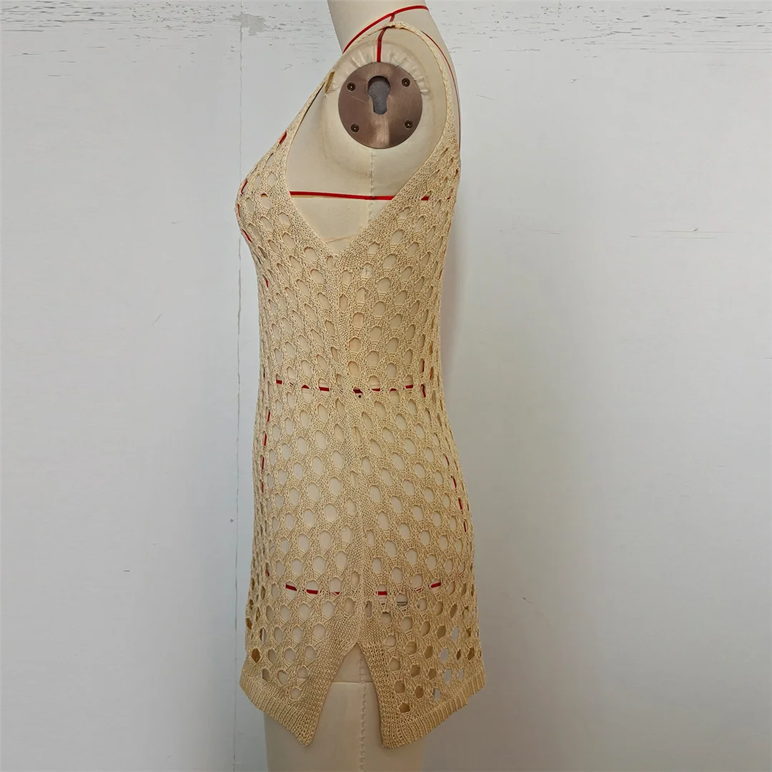 Ausgehöhlte, ärmellose, einfarbige, gehäkelte, gestrickte Tunika, Strand-Überwurf, Strandkleid, Strandmode, Damen V8246 – Detail 11